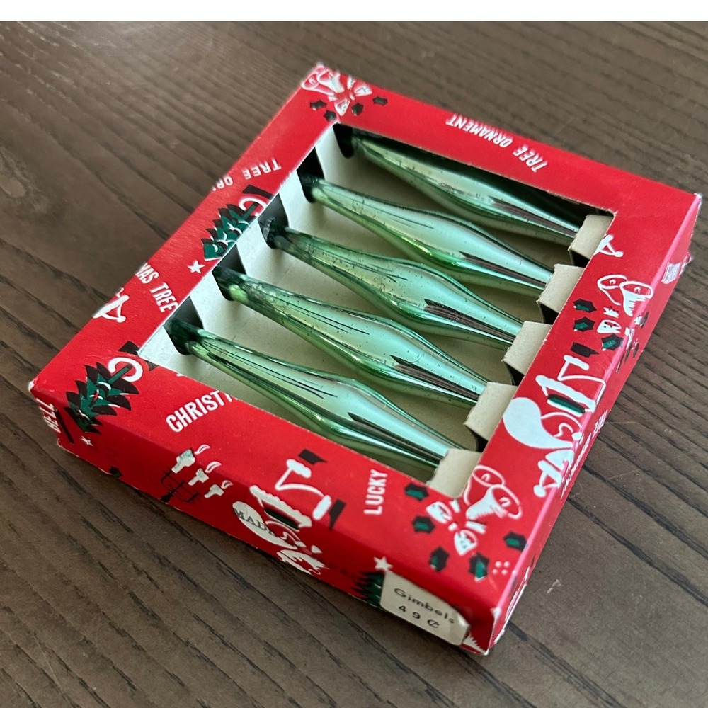 Vtg Set of 6 Aqua Green Japan Mercury Glass 4'' Icicle Christmas Ornaments Box